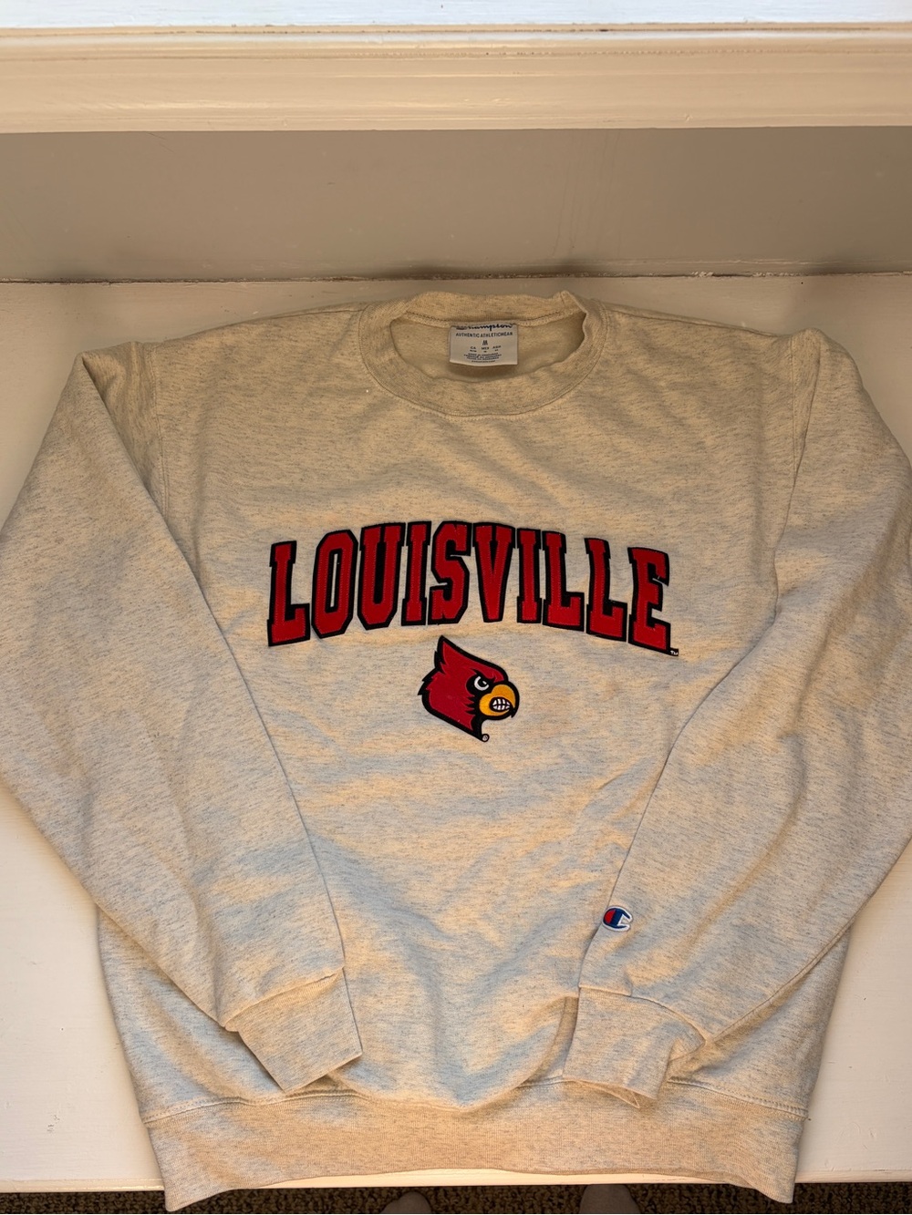Champion Louisville Crewneck Sweatshirt in Heather Gray with Red Logo